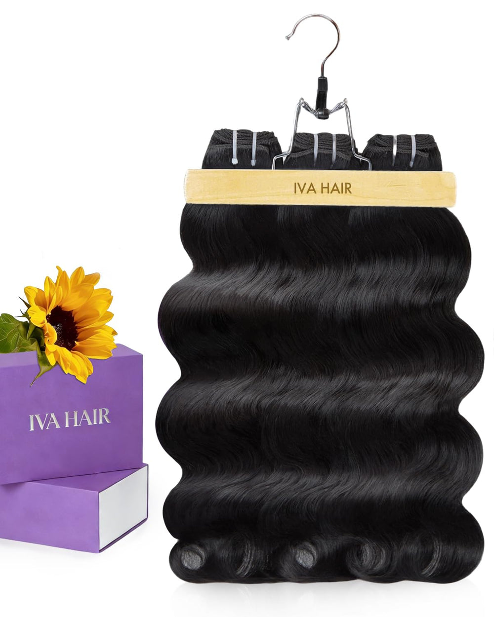 IVA front packaging showing bundled raw hair and benefits of fullness