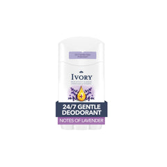 Ivory deodorant front packaging showing three lavender-scented sticks benefits convenience