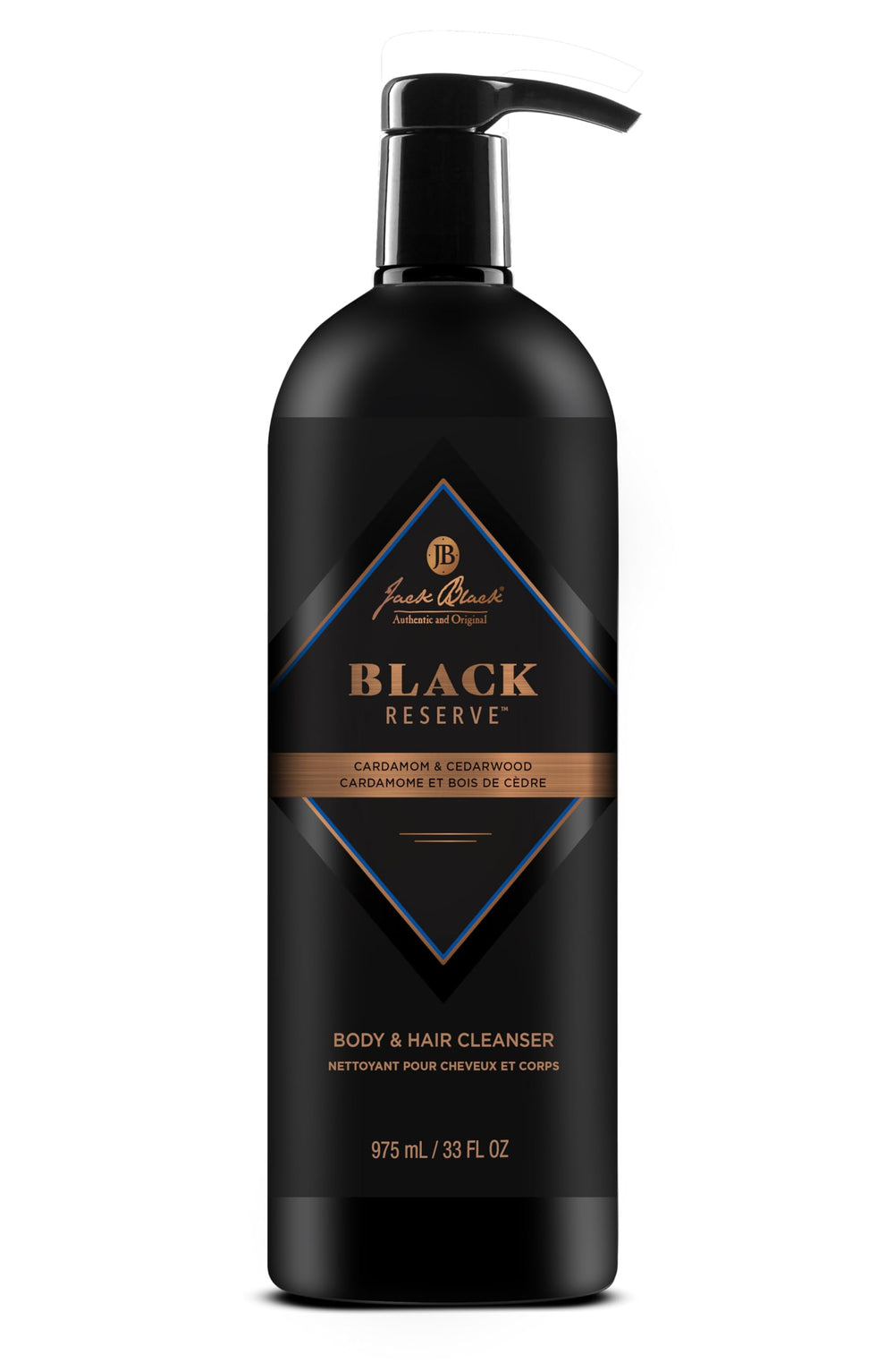 Jack Black front bottle showing cardamom cedarwood scent and large 33 oz size benefit