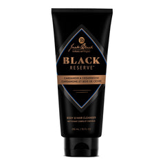 Jack Black bottle front view showing black reserve label and scent benefit