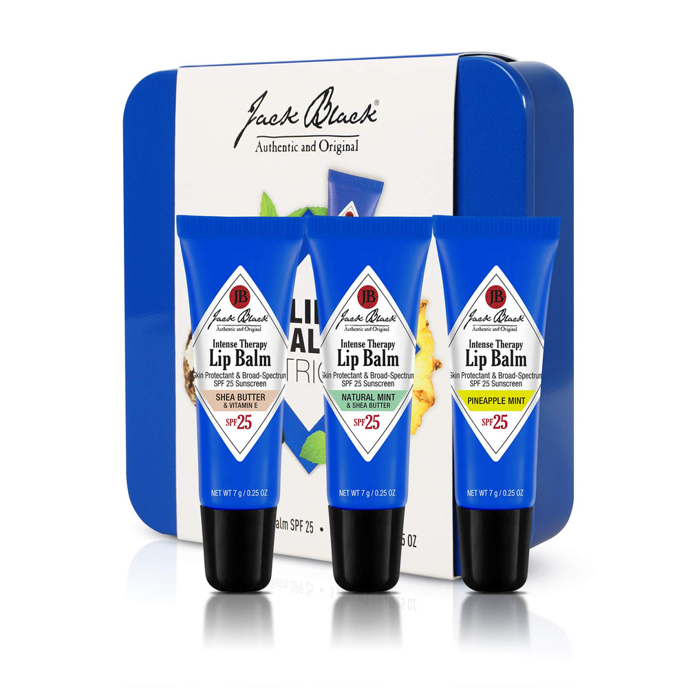 Jack Black front packaging showing trio tin and three tubes for travel convenience