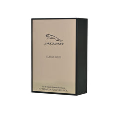 Jaguar Classic Gold bottle close-up highlighting glass detail and cap, suggests quality