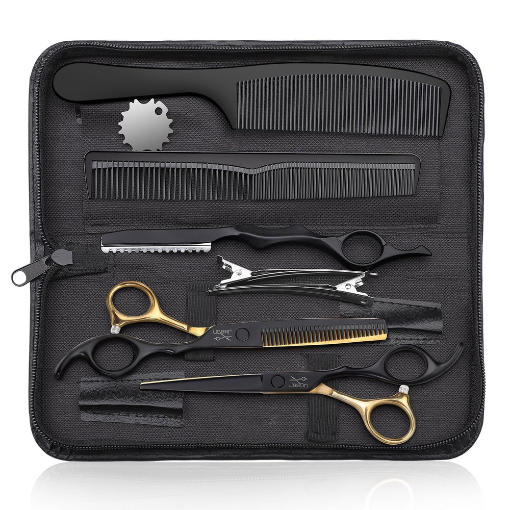 JASON front view of 6" scissors set displaying tools and bag, ready for professional use