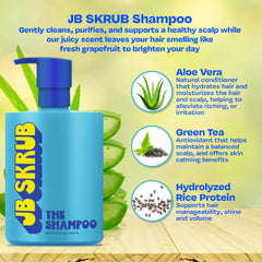 JB SKRUB label close-up showing aloe vera, green tea and rice protein