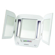 JERDON front open vanity mirror showing full-face view and even lighting benefit