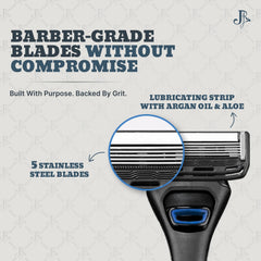 Jeremy's close-up of five stainless-steel blades highlighting durability and closer shaves