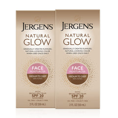 Jergens twin-pack front view showing SPF 20 protection and medium/deep shade