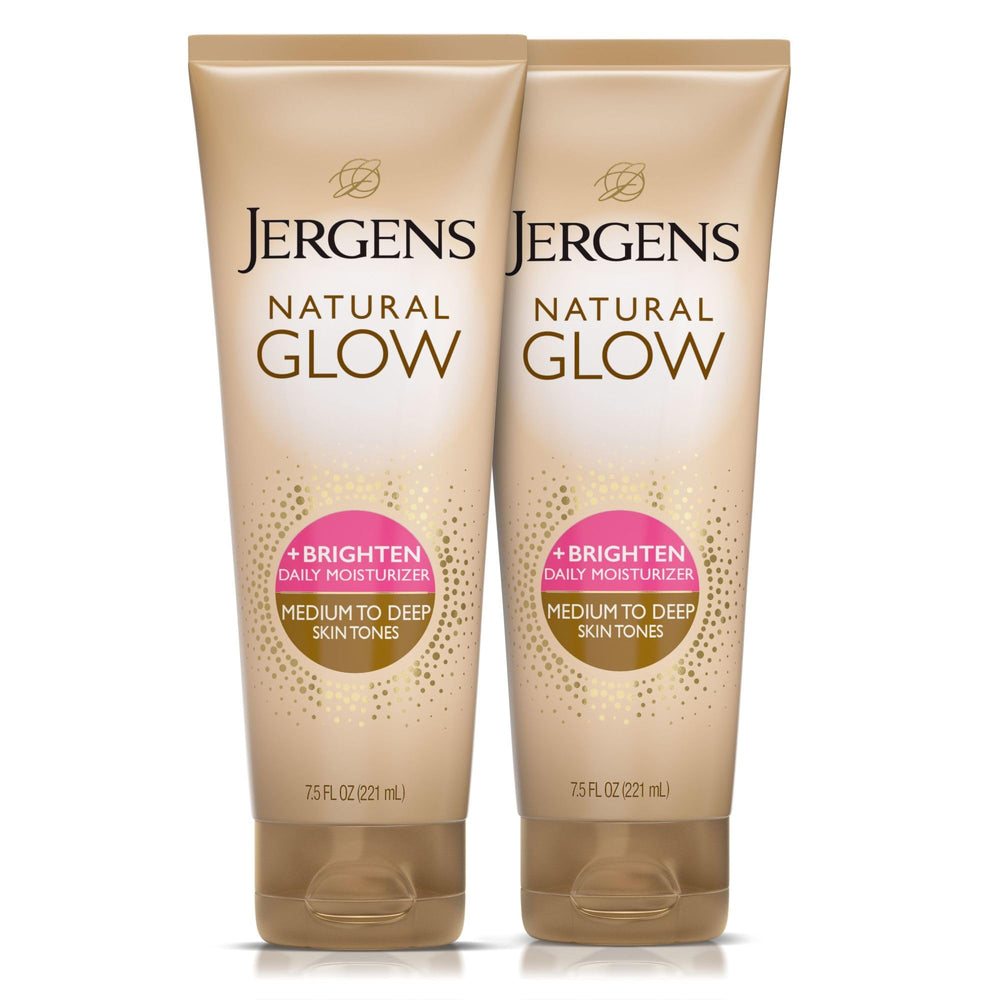 Jergens bottle front packaging showing medium-to-deep shade and benefits