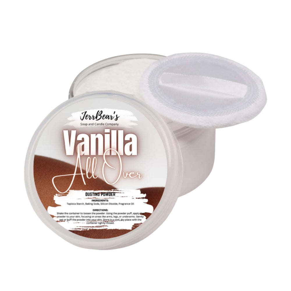 JerrBear’s jar front view showing vanilla dusting powder and branding for fresh softness