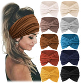 Jesries front view of 10-pack turban headbands showing colors and packaging benefit