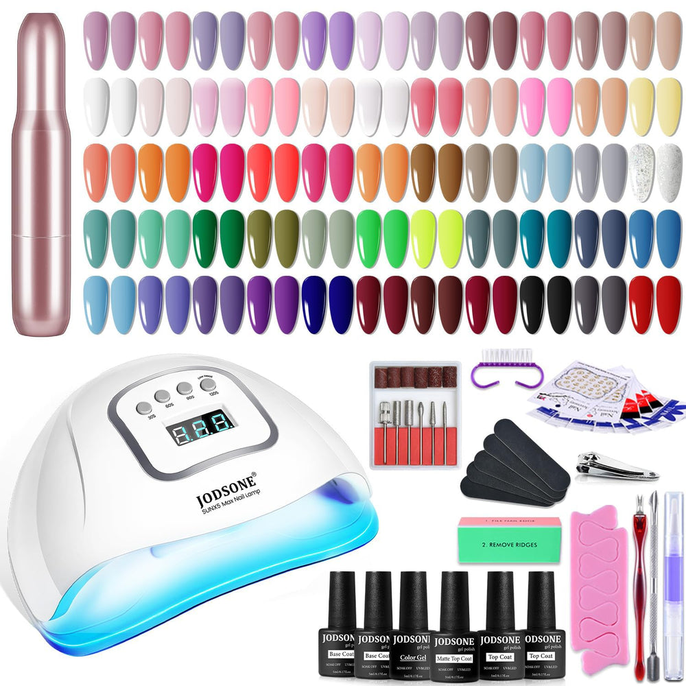 JODSONE kit front packaging showing lamp, drill and color bottles for complete at-home nails