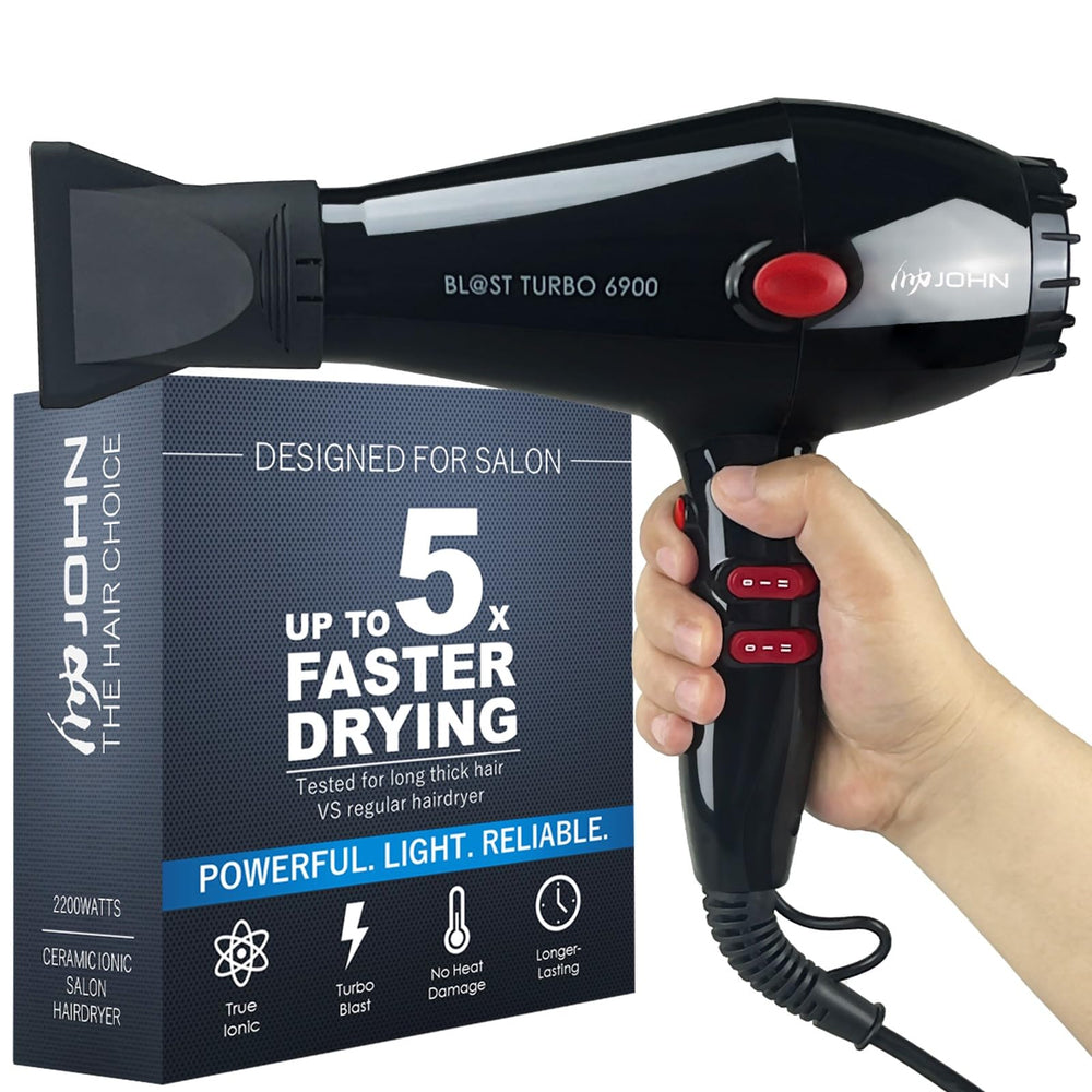 JOHN blow dryer front view showing controls and ergonomic handle for comfortable styling