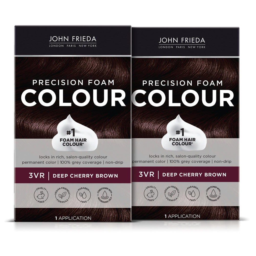 John Frieda front packaging showing 3VR deep cherry brown and benefits