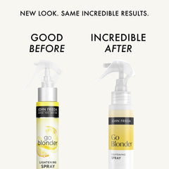 John Frieda bottles beside a ruler showing compact pack-of-two size and portability benefit