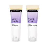 John Frieda front packaging showing violet shampoo and conditioner benefits