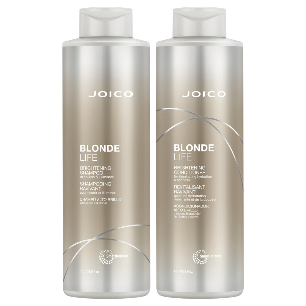Joico front packaging showing 33.8 oz bottles and brightening duo benefit