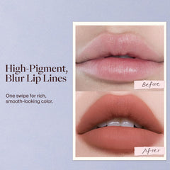 Joocyee close-up of pencil applied on lips demonstrating smooth, comfortable matte look