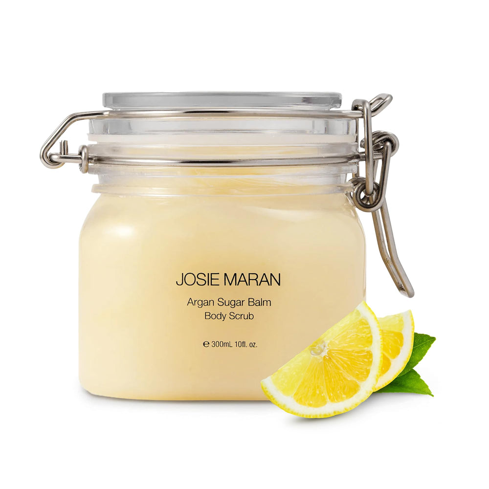 Josie Maran jar front view showing Baked Lemon Bliss and moisturizing benefits