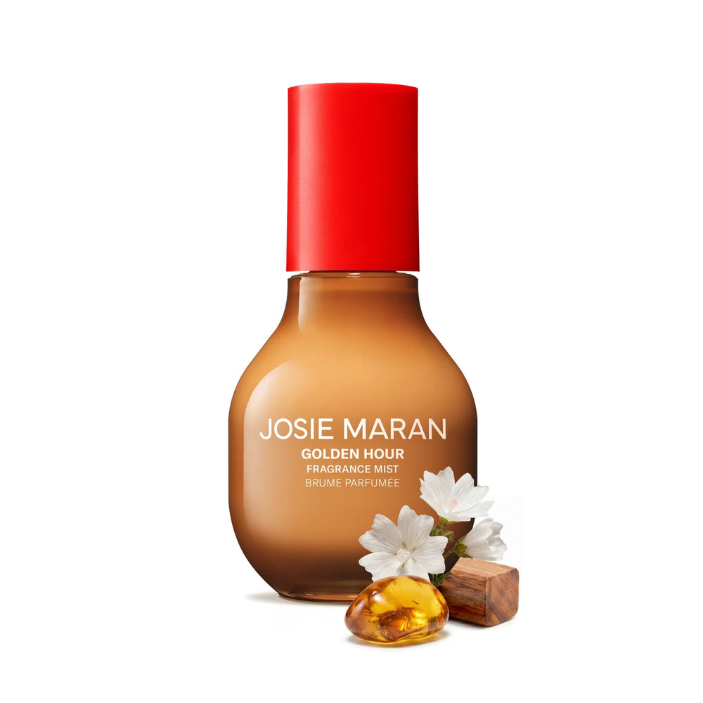 Josie Maran front bottle shot showing compact amber glass and travel-friendly size