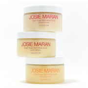 Josie Maran trio front packaging showing three scrub tins and benefits