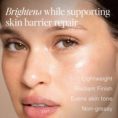 Jouer applying drops to cheek highlighting natural sheen benefit