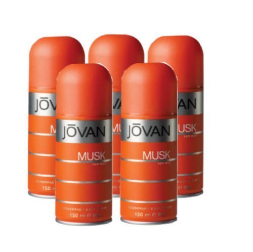 Jovan musk pack front showing five 5 oz cans and easy grab convenience