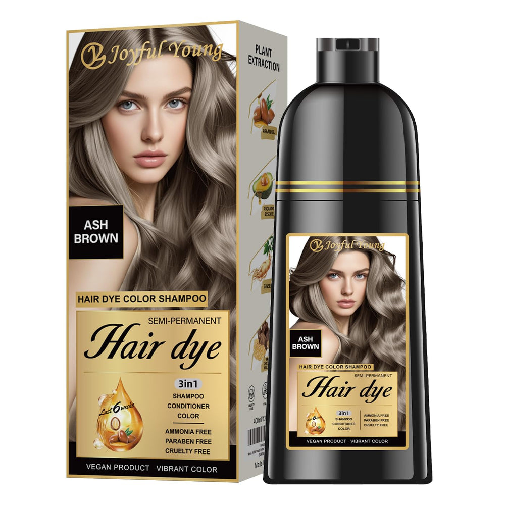 Joyful Young front packaging showing ash brown shampoo for easy identification and benefits