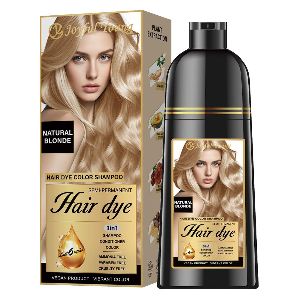 Joyful Young front packaging showing natural blonde shampoo benefit of easy color-refresh
