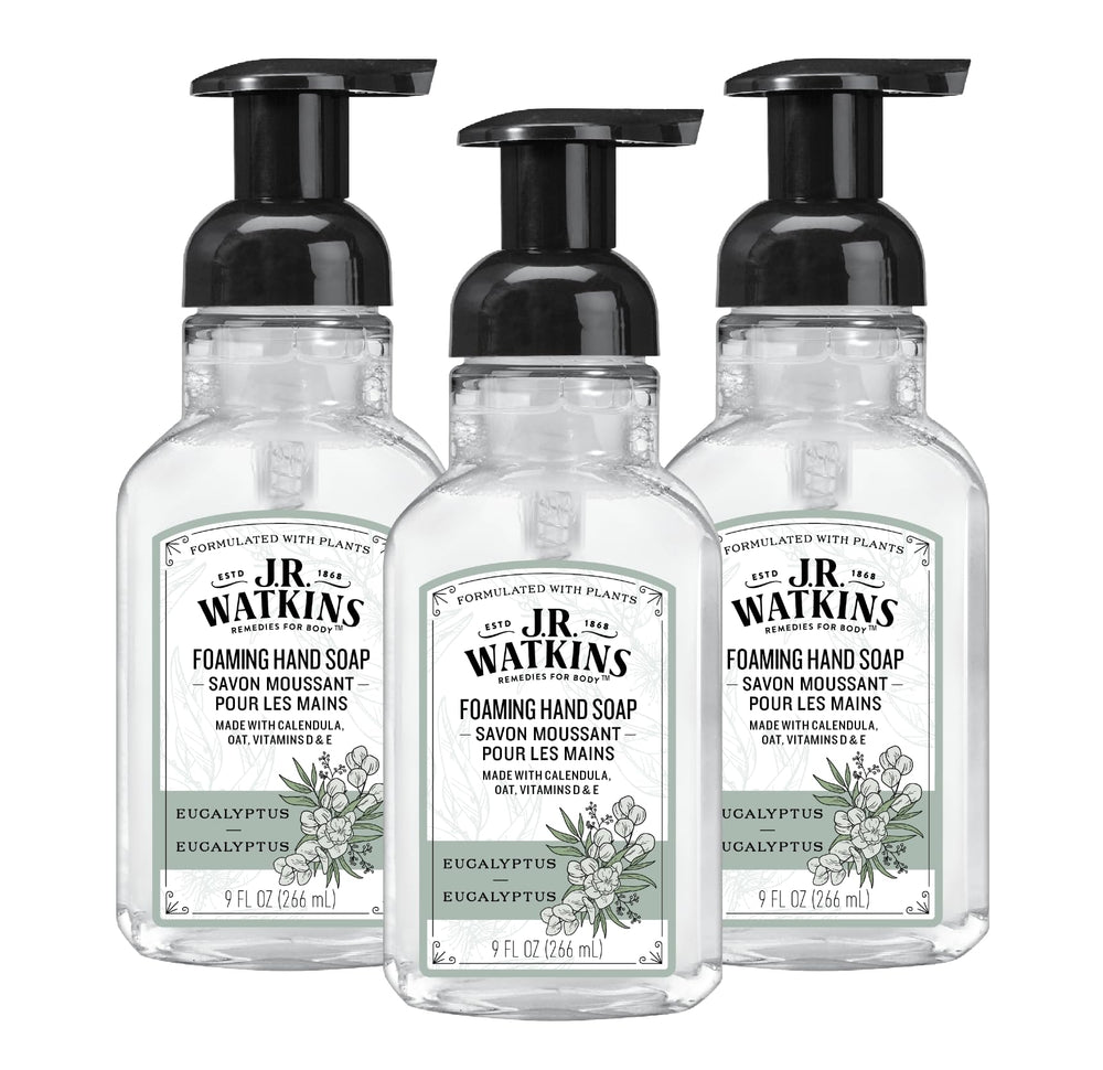 J.R. Watkins front packaging showing eucalyptus scent and pump benefits
