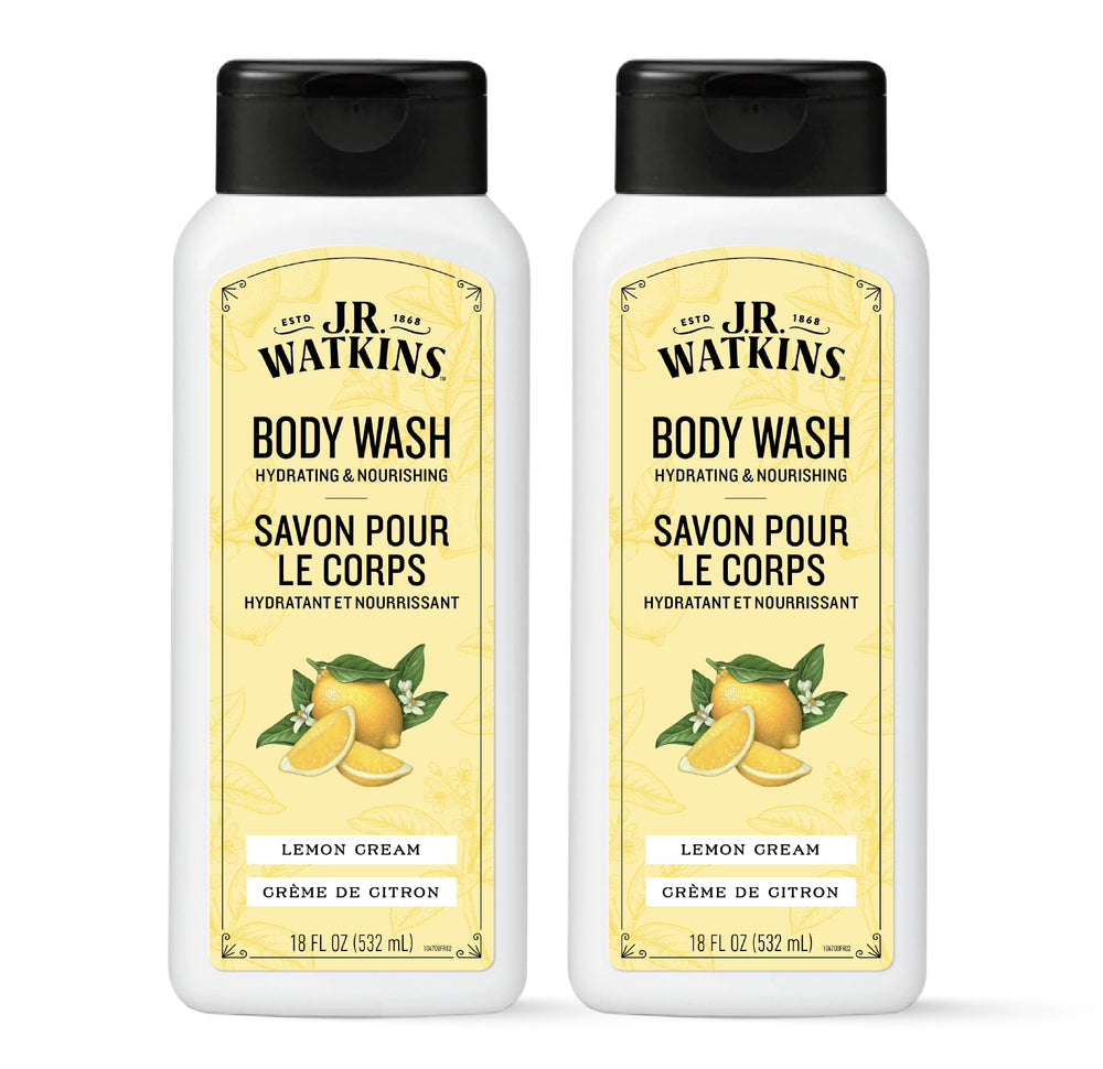 J.R. Watkins front packaging showing two 18 fl oz bottles and lemon cream scent benefit