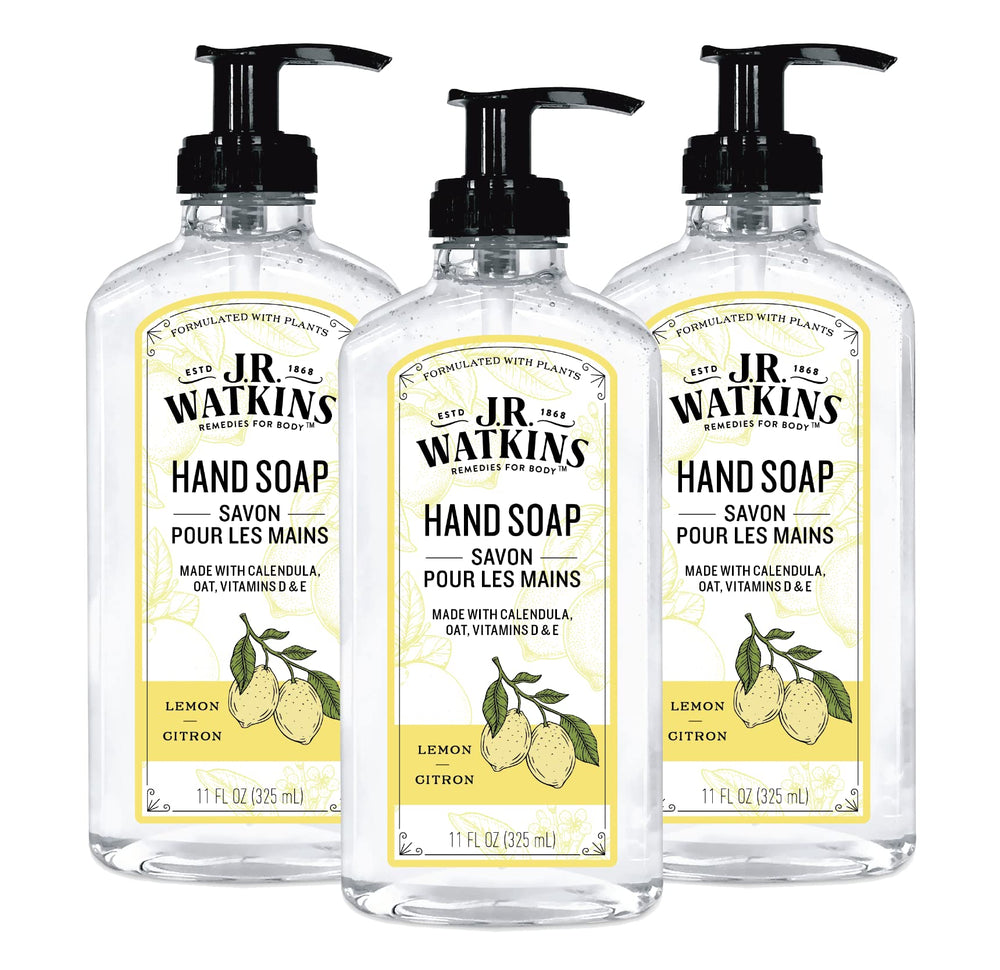 J.R. Watkins front packaging showing lemon gel hand soap and benefits