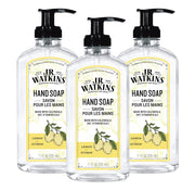J.R. Watkins front packaging showing lemon gel hand soap and benefits