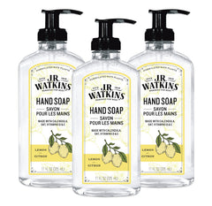 J.R. Watkins front packaging showing lemon gel hand soap and benefits