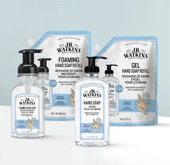 J.R. Watkins foamy texture on hand highlighting gentle cleanse and soft feel benefit