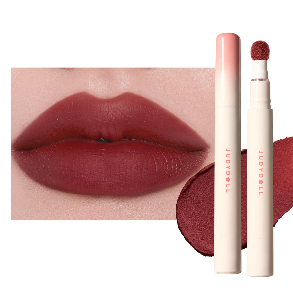 JUDYDOLL front packaging showing red matte shade and sleek tube for easy storage