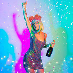 Juexica headband glowing at a night party to boost visibility and festive vibe