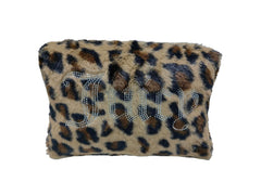 Juicy Couture front view of brown leopard makeup bag shows stylish travel-ready design