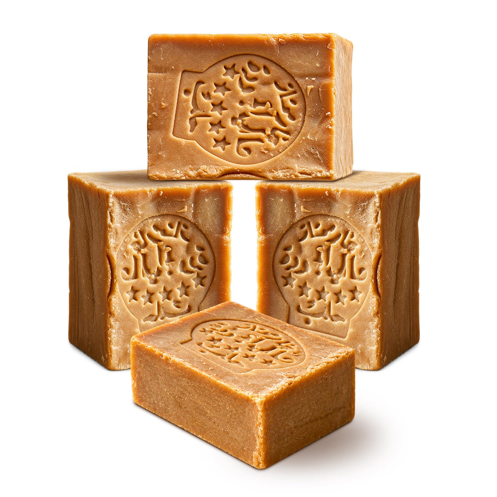 JUSIZA Aleppo soap front packaging showing natural four-pack benefit