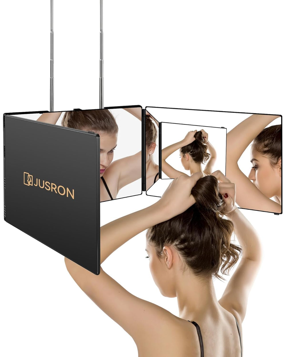 JUSRON front view of three-way mirror showing full-face visibility benefit