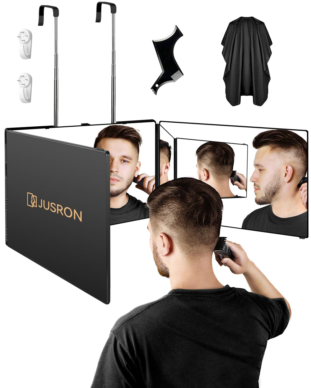 JUSRON three-panel front view showing full-face and side reflections for accurate styling