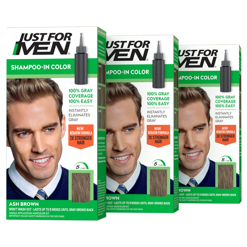 Just For Men front packaging showing ash brown three-pack for quick gray coverage