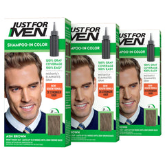 Just For Men front packaging showing ash brown three-pack for quick gray coverage
