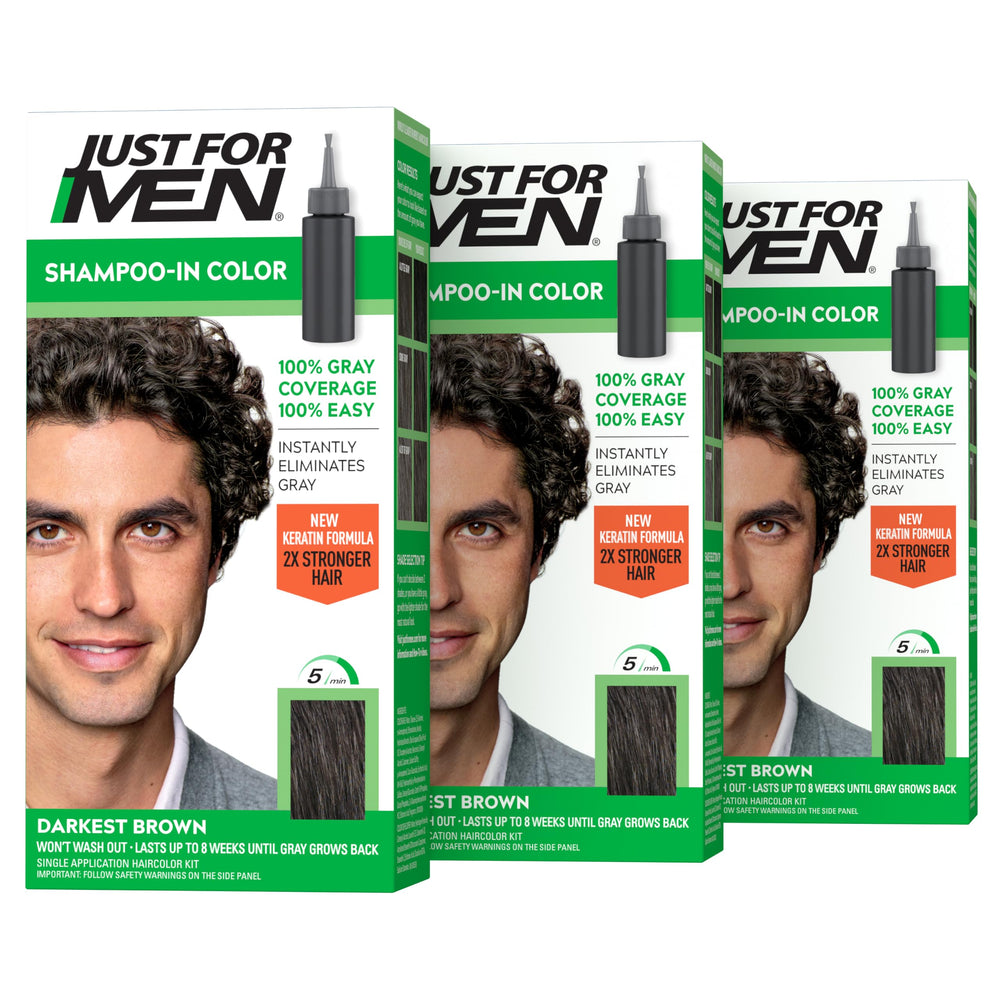 Just For Men front packaging showing Darkest Brown H-50 and product benefits