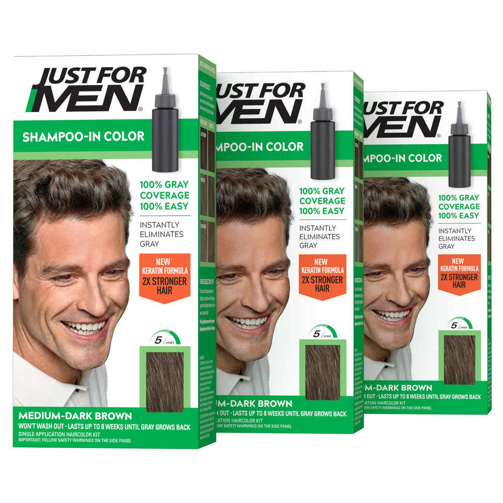 Just For Men front packaging showing medium-dark brown shade and quick result benefit