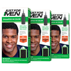 Just for Men front packaging showing jet black color and three-pack benefit