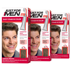 Just For Men front packaging showing Medium Brown three-pack and clear labeling for easy purchase