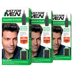Just For Men front packaging showing Real Black H-55 and three-box pack for reliable coverage