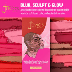 Juvia's Place close-up of pans highlighting coordinated matte and shimmer shades for easy mixing