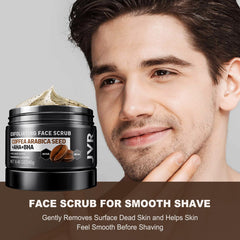 JVR coffee-granule scrub texture close-up, shows exfoliating action and depth