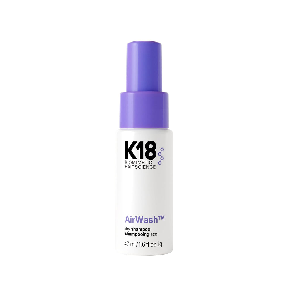 K18 AirWash front bottle view showing travel-size refresh benefit